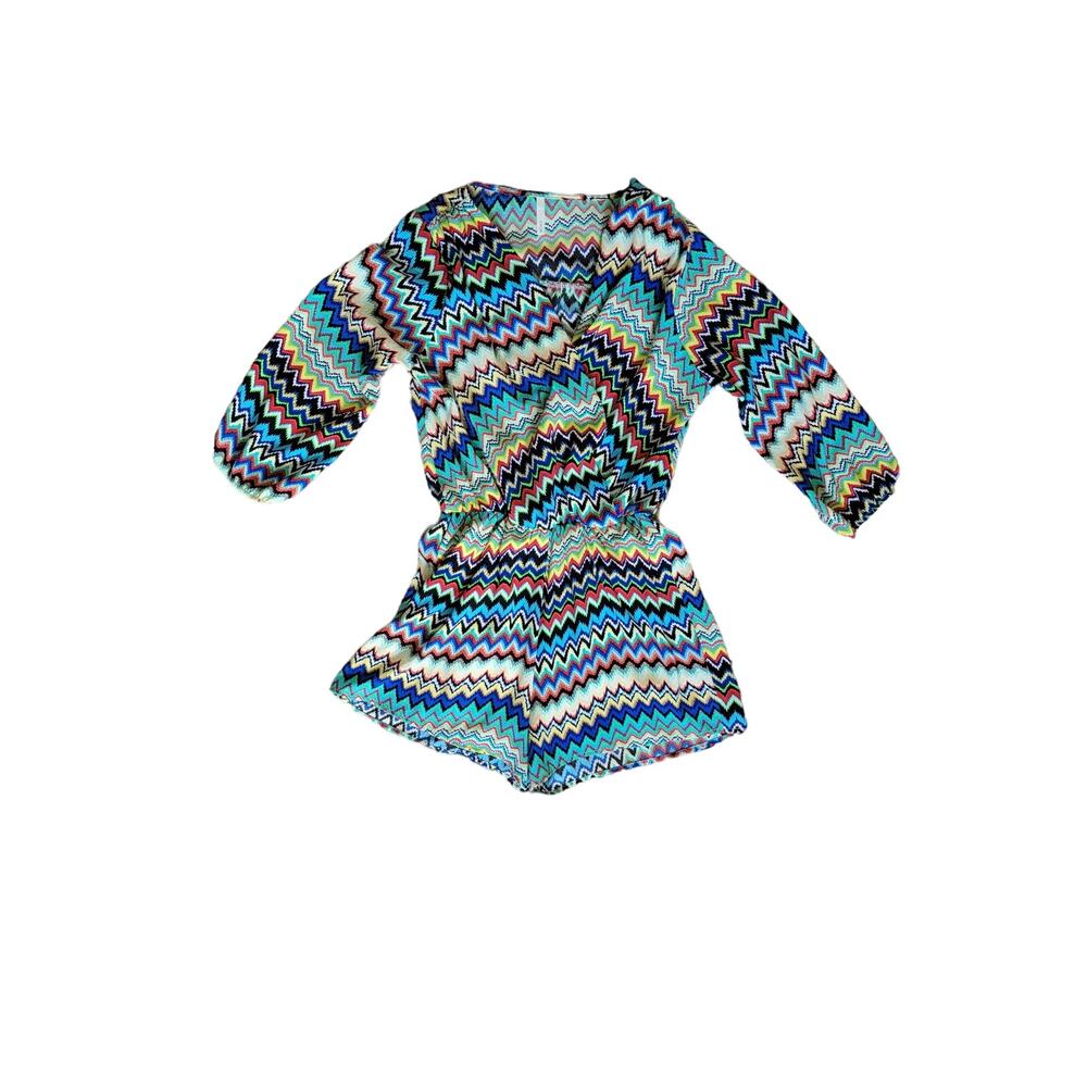Sage Vibrant Bold Multicolor Chevron Striped Shorts Romper Wrap Front Size Small